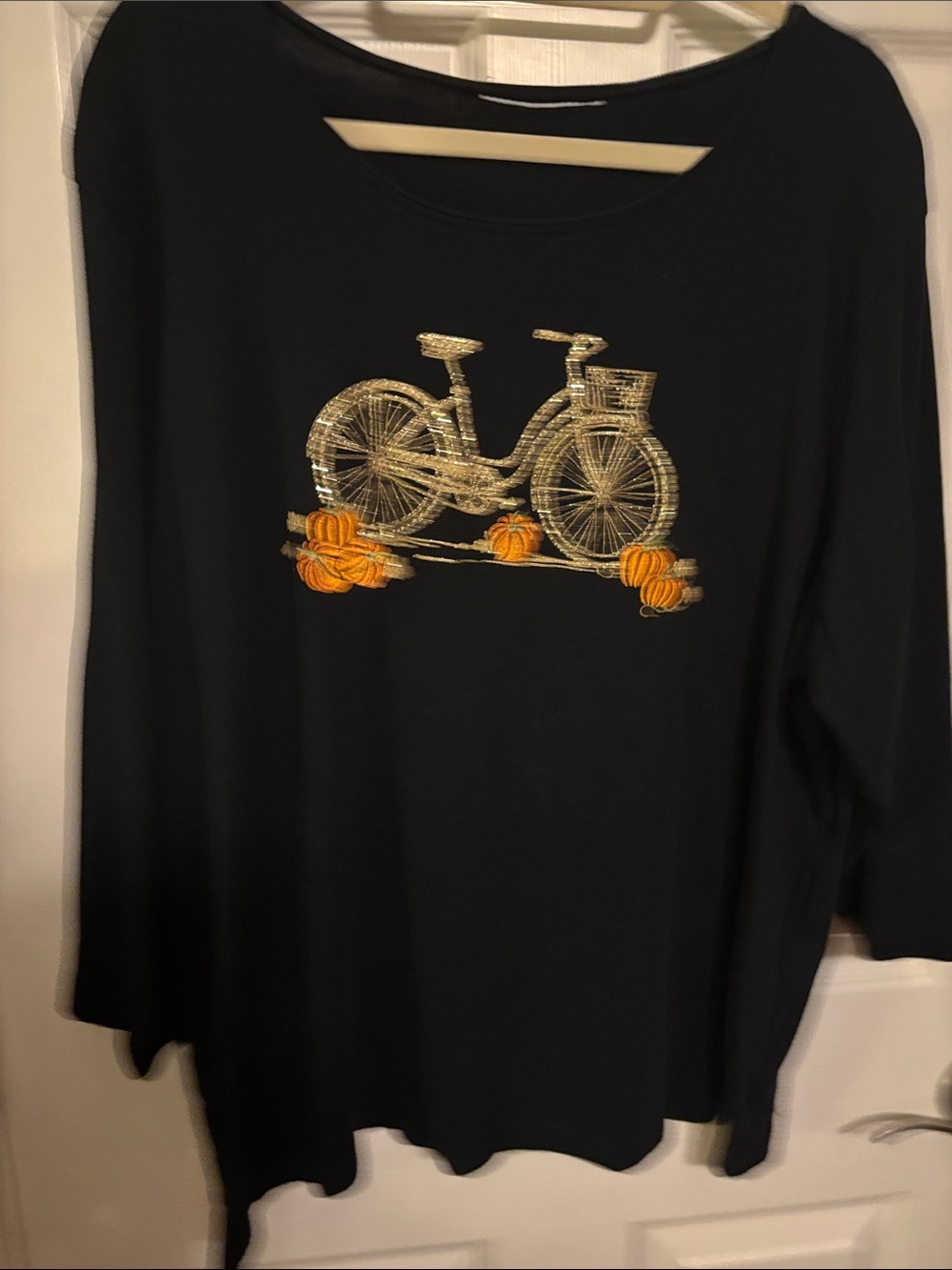 Women’s Black Long Sleeve Tee with Gold Bicycle & Pumpkin Embroidery